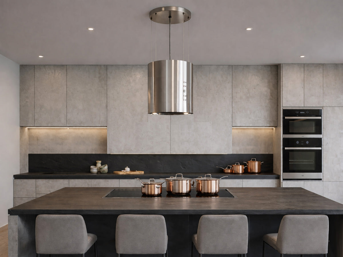 Victory Jupiter ductless cylinder island range hood on cables, view 2