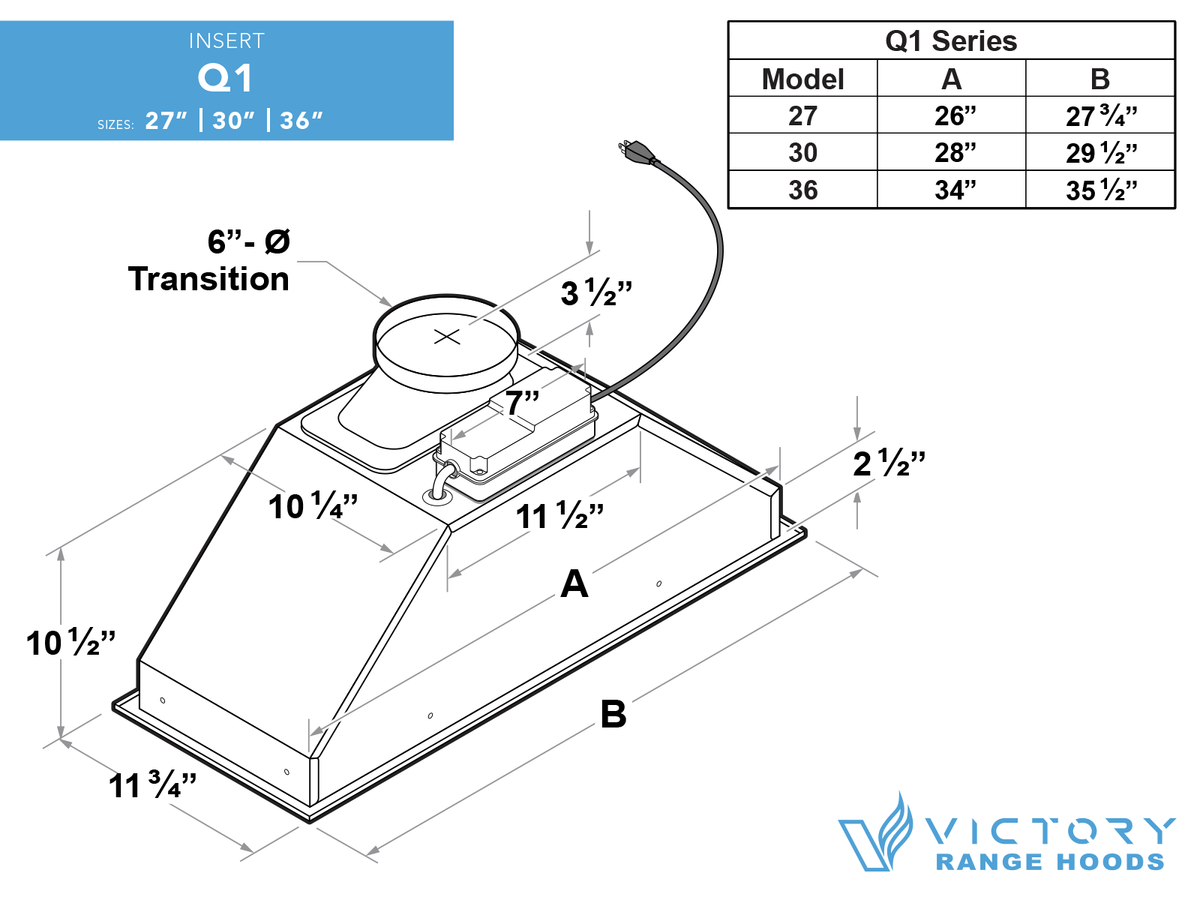 Victory Q1 36 inch stainless range hood insert, view 7