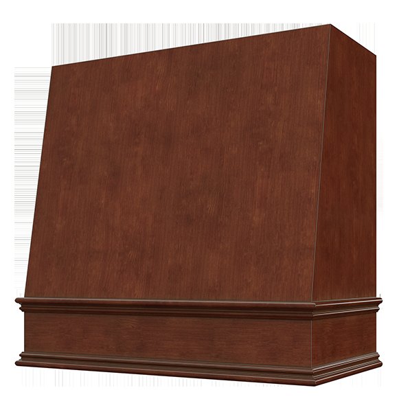 Kitchen and Cabinet Store Angled wood range hood in Saddle Stain