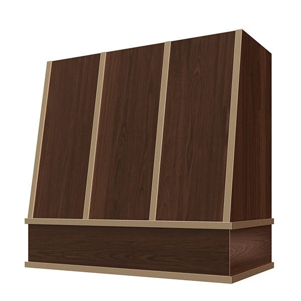 Kitchen and Cabinet Store Angled With Brass Strapping wood range hood in Espresso Stain