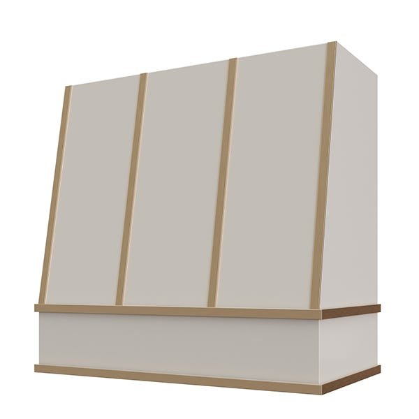 Kitchen and Cabinet Store Angled With Brass Strapping wood range hood in Light Gray
