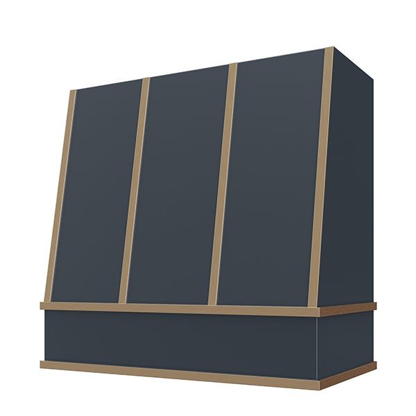 Kitchen and Cabinet Store Angled With Brass Strapping wood range hood in Navy