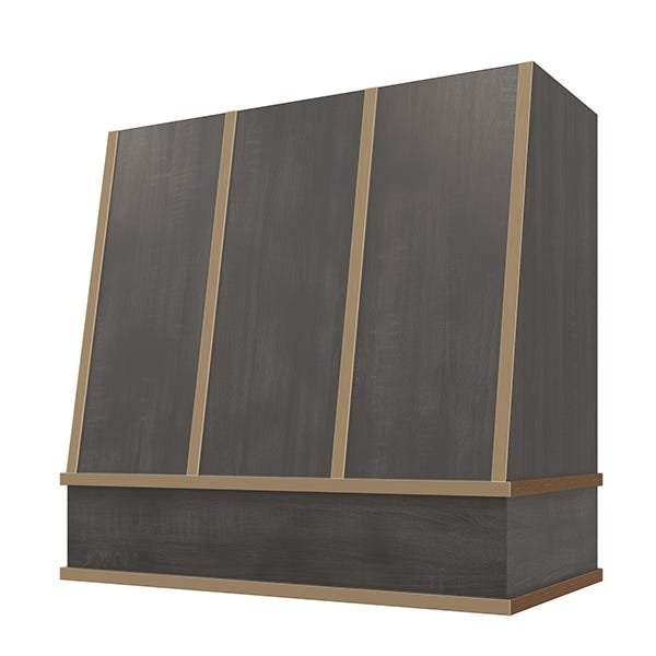 Kitchen and Cabinet Store Angled With Brass Strapping wood range hood in Stained Gray