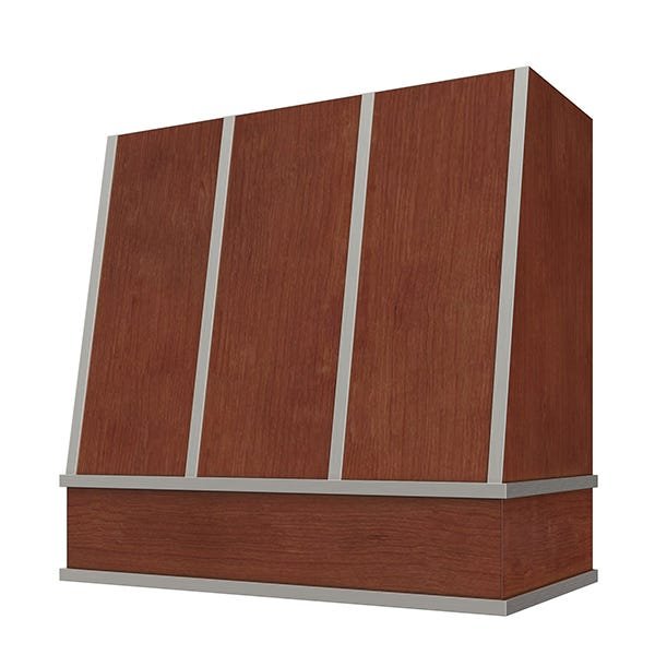 Kitchen and Cabinet Store Angled With Steel Strapping wood range hood in Saddle Stain