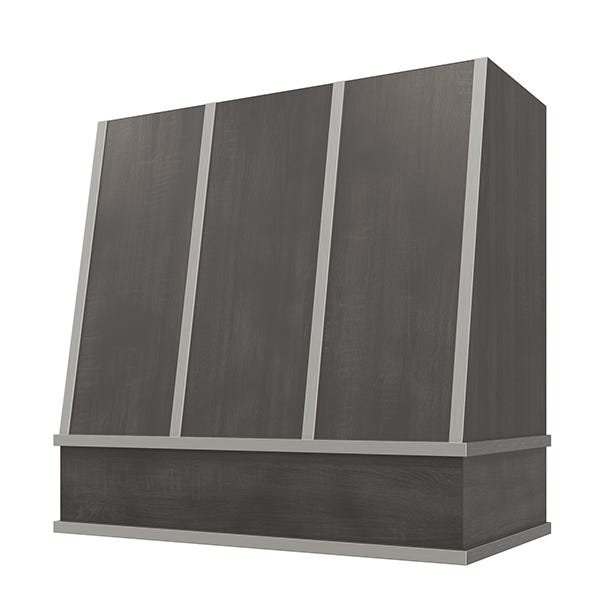 Kitchen and Cabinet Store Angled With Steel Strapping wood range hood in Stained Gray