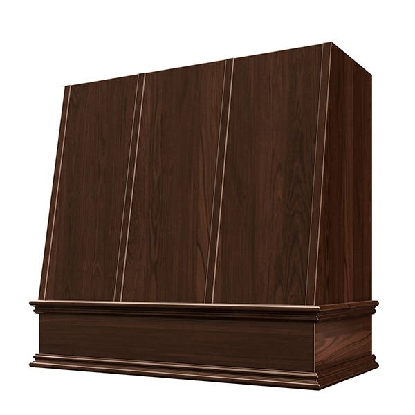 Kitchen and Cabinet Store Angled With Strapping wood range hood in Espresso Stain
