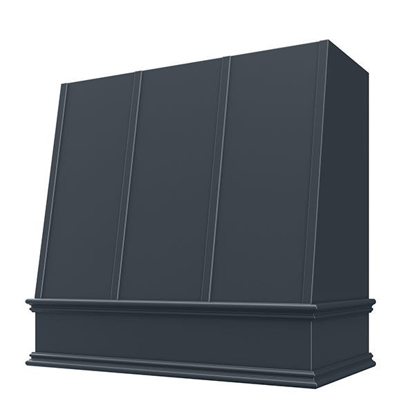 Kitchen and Cabinet Store Angled With Strapping wood range hood in Navy