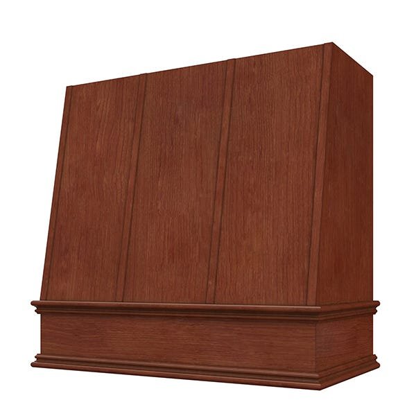 Kitchen and Cabinet Store Angled With Strapping wood range hood in Saddle Stain