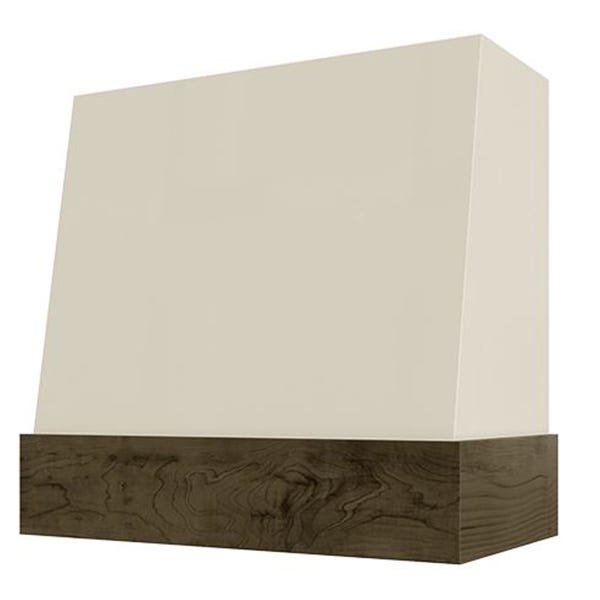 Kitchen and Cabinet Store Angled With Walnut Band wood range hood in Antique White