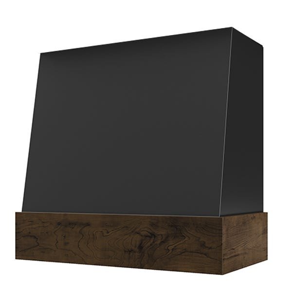 Kitchen and Cabinet Store Angled With Walnut Band wood range hood in Black