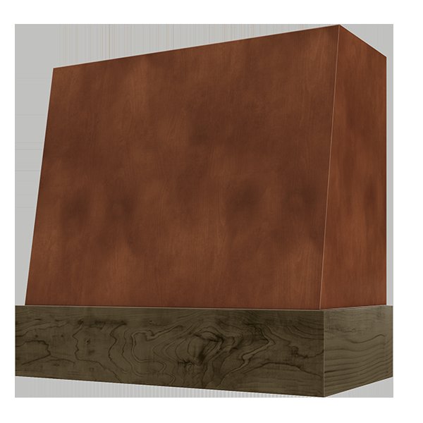 Kitchen and Cabinet Store Angled With Walnut Band wood range hood in Chocolate Stain