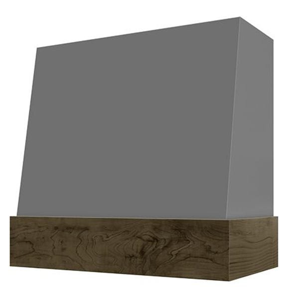 Kitchen and Cabinet Store Angled With Walnut Band wood range hood in Gray