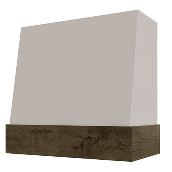 Kitchen and Cabinet Store Angled With Walnut Band wood range hood in Light Gray