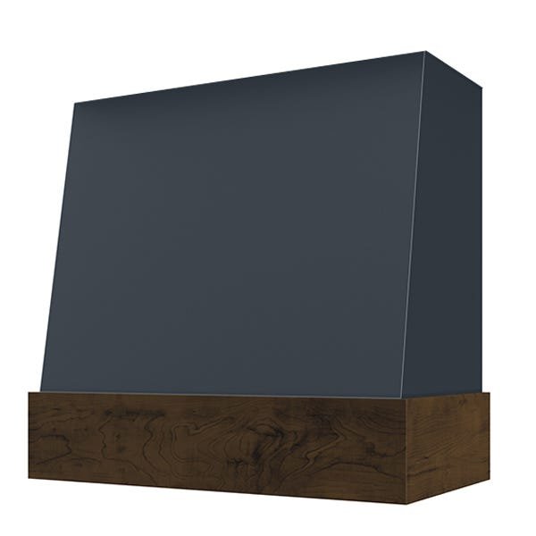 Kitchen and Cabinet Store Angled With Walnut Band wood range hood in Navy