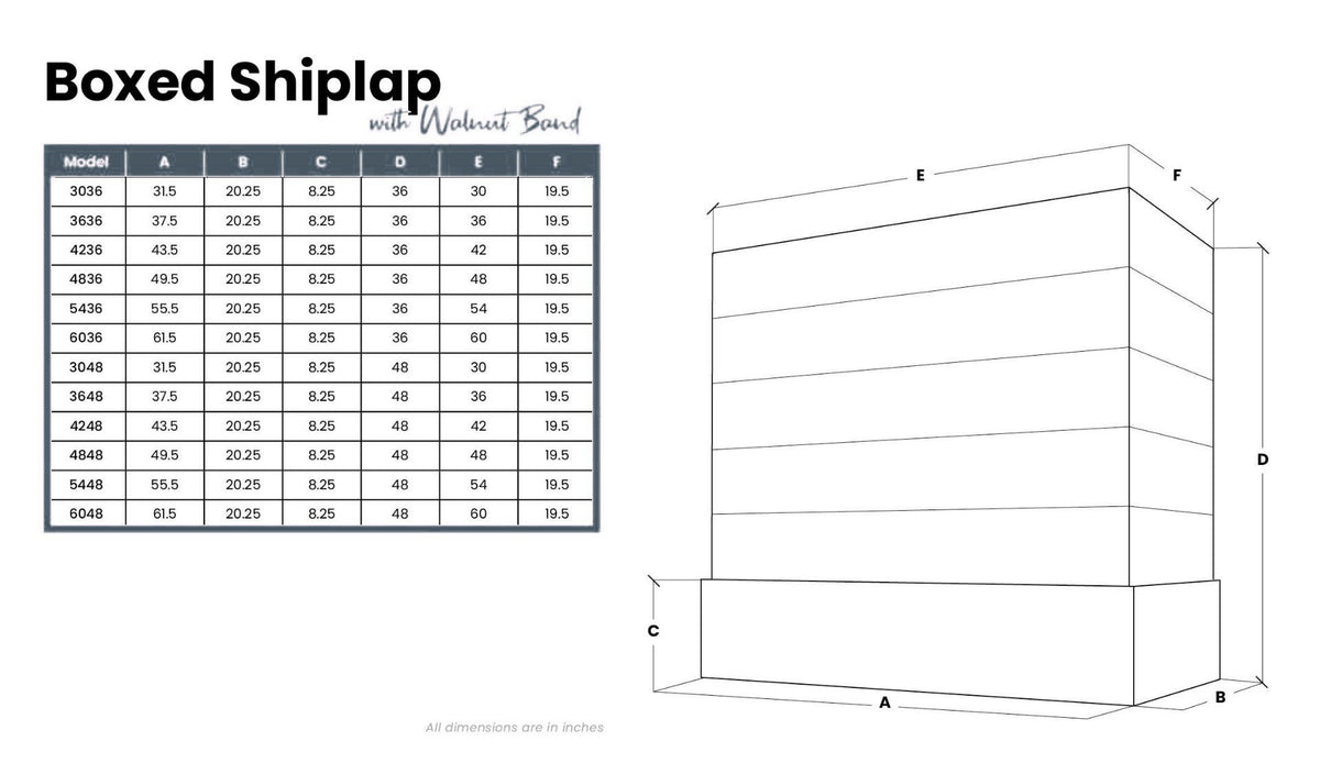 Kitchen and Cabinet Store Box With Shiplap And Walnut Band wood range hood dimension drawing and size chart