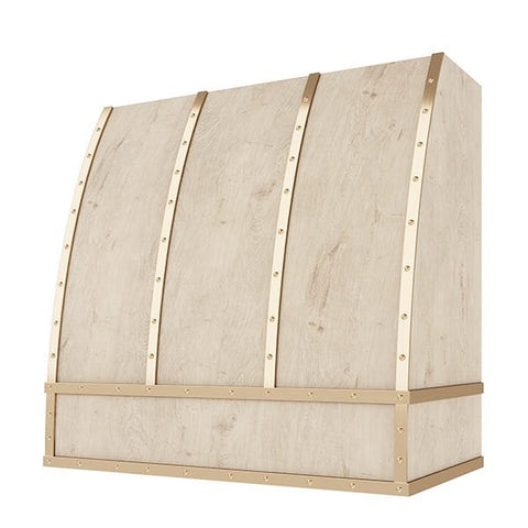 Kitchen and Cabinet Store Scoop With Brass Strapping And Buttons wood range hood in Raw