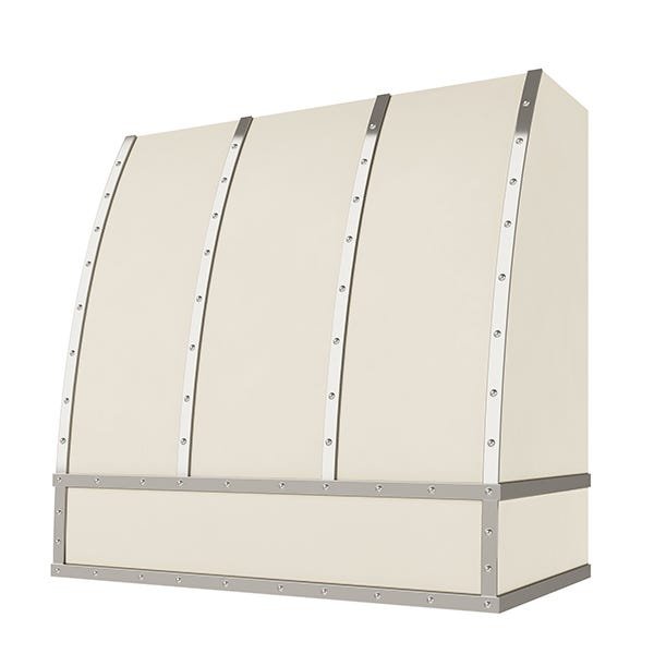 Kitchen and Cabinet Store Scoop With Steel Strapping And Buttons wood range hood in Antique White