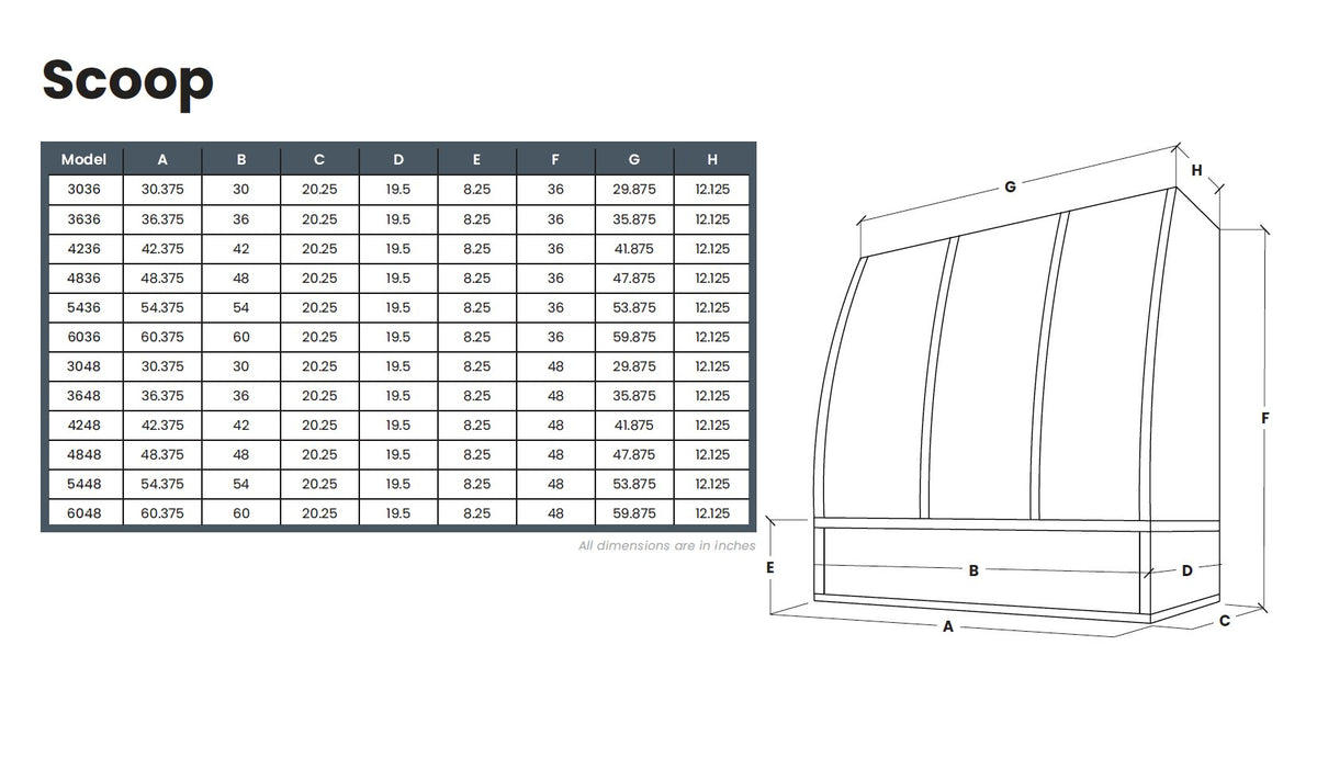 Kitchen and Cabinet Store Scoop With Steel Strapping And Buttons wood range hood dimension drawing and size chart