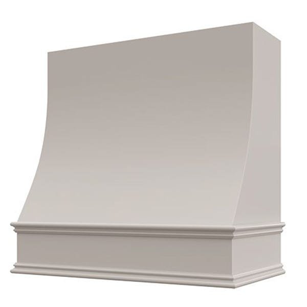 Kitchen and Cabinet Store Sloped wood range hood in Light Gray