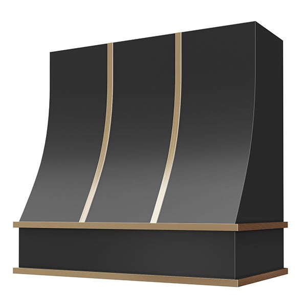 Kitchen and Cabinet Store Sloped With Brass Strapping wood range hood in Black