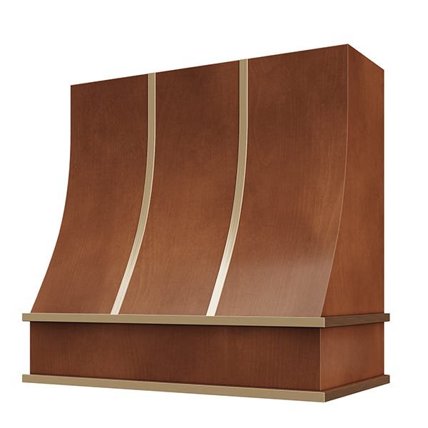 Kitchen and Cabinet Store Sloped With Brass Strapping wood range hood in Chocolate Stain