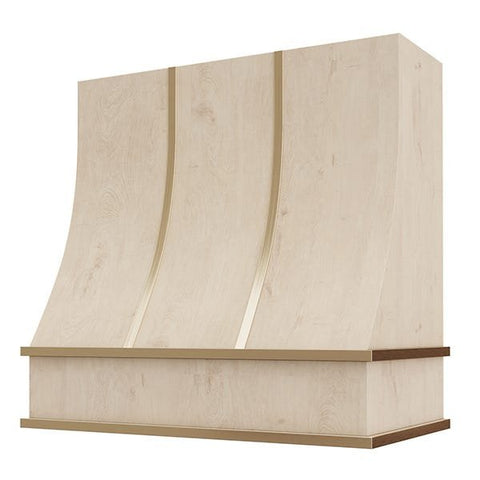 Kitchen and Cabinet Store Sloped With Brass Strapping wood range hood in Raw