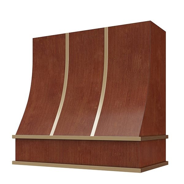 Kitchen and Cabinet Store Sloped With Brass Strapping wood range hood in Saddle Stain