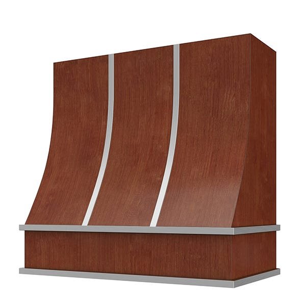 Kitchen and Cabinet Store Sloped With Steel Strapping wood range hood in Saddle Stain