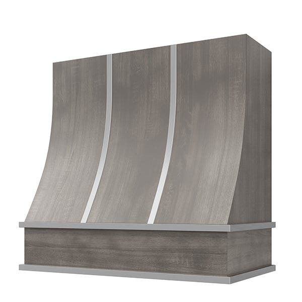 Kitchen and Cabinet Store Sloped With Steel Strapping wood range hood in Stained Gray