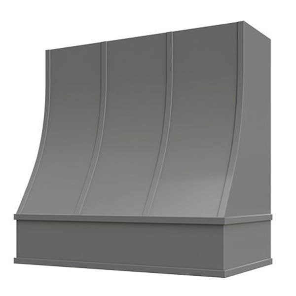 Kitchen and Cabinet Store Sloped With Strapping wood range hood in Gray