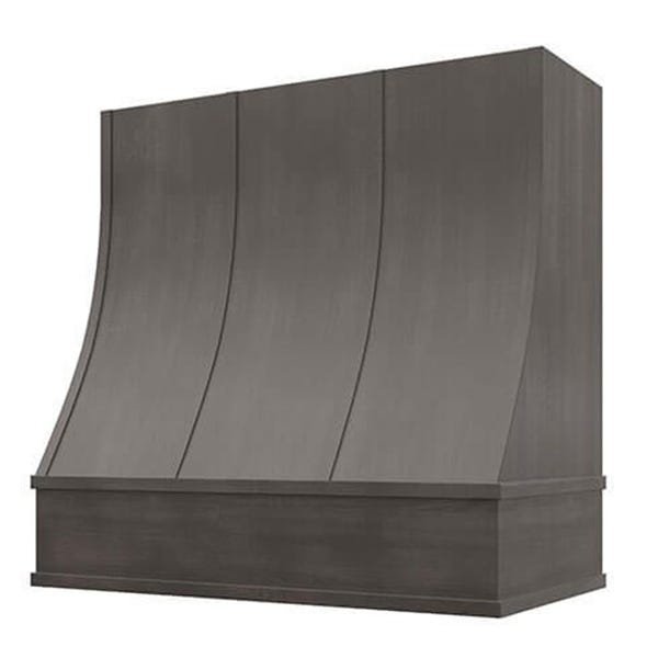 Kitchen and Cabinet Store Sloped With Strapping wood range hood in Stained Gray