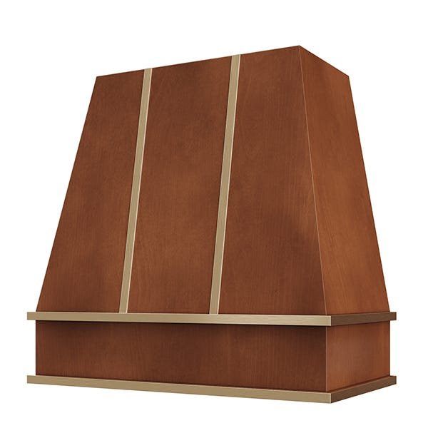 Kitchen and Cabinet Store Tapered With Brass Strapping wood range hood in Chocolate Stain