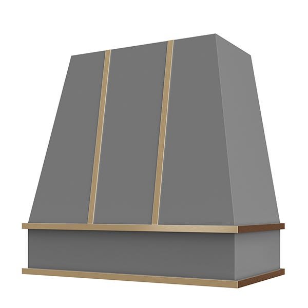 Kitchen and Cabinet Store Tapered With Brass Strapping wood range hood in Gray