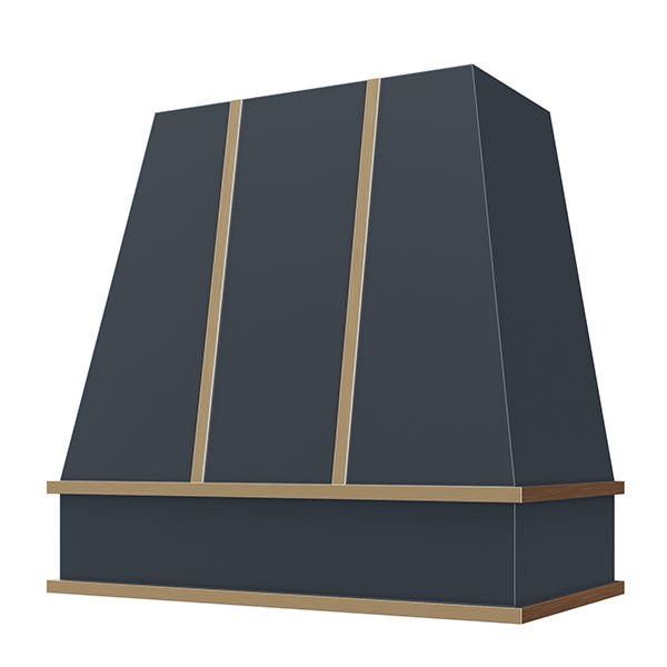 Kitchen and Cabinet Store Tapered With Brass Strapping wood range hood in Navy