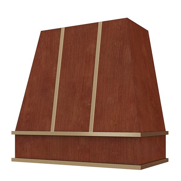 Kitchen and Cabinet Store Tapered With Brass Strapping wood range hood in Saddle Stain
