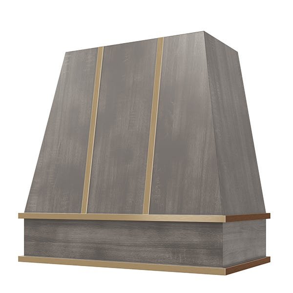Kitchen and Cabinet Store Tapered With Brass Strapping wood range hood in Stained Gray