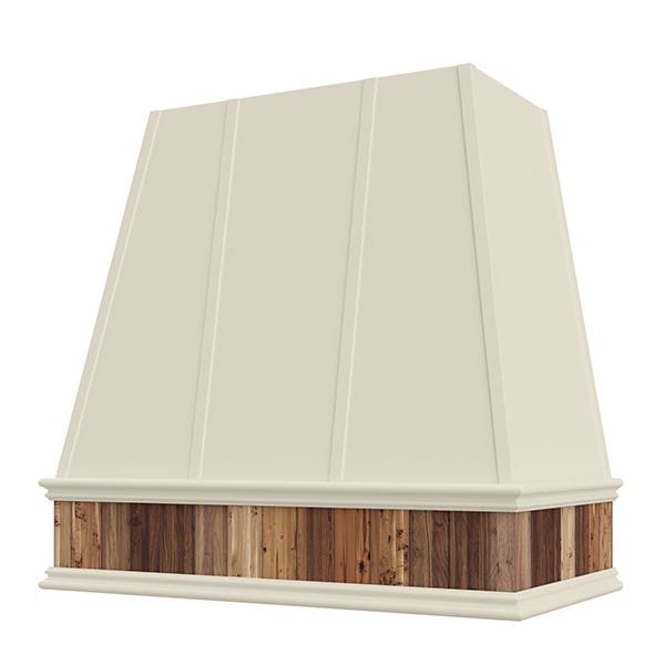 Kitchen and Cabinet Store Tapered With Reclaimed Wood Band wood range hood in Antique White