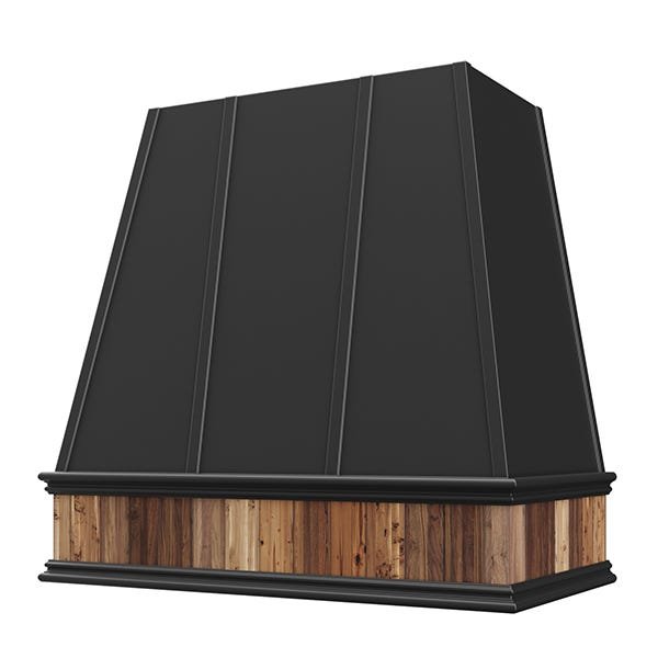 Kitchen and Cabinet Store Tapered With Reclaimed Wood Band wood range hood in Black