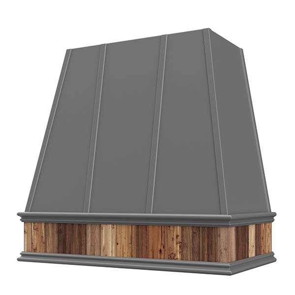 Kitchen and Cabinet Store Tapered With Reclaimed Wood Band wood range hood in Gray