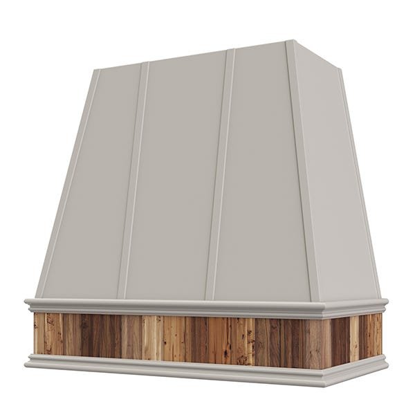 Kitchen and Cabinet Store Tapered With Reclaimed Wood Band wood range hood in Light Gray