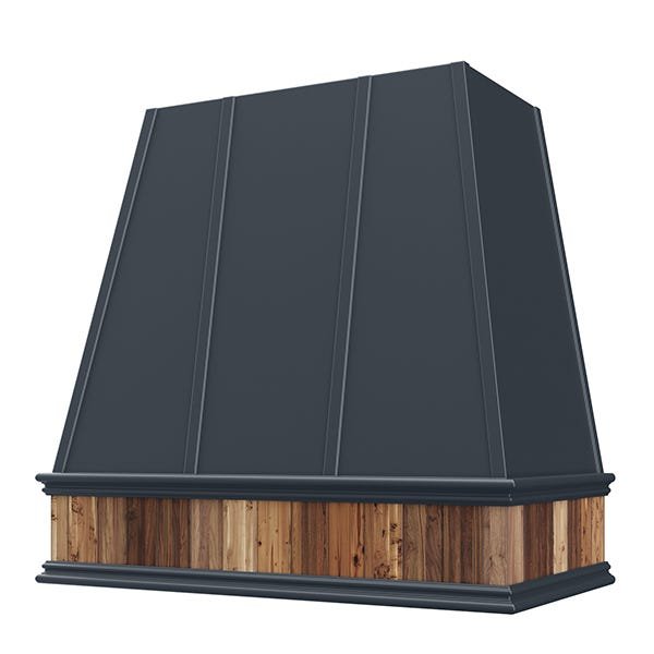 Kitchen and Cabinet Store Tapered With Reclaimed Wood Band wood range hood in Navy