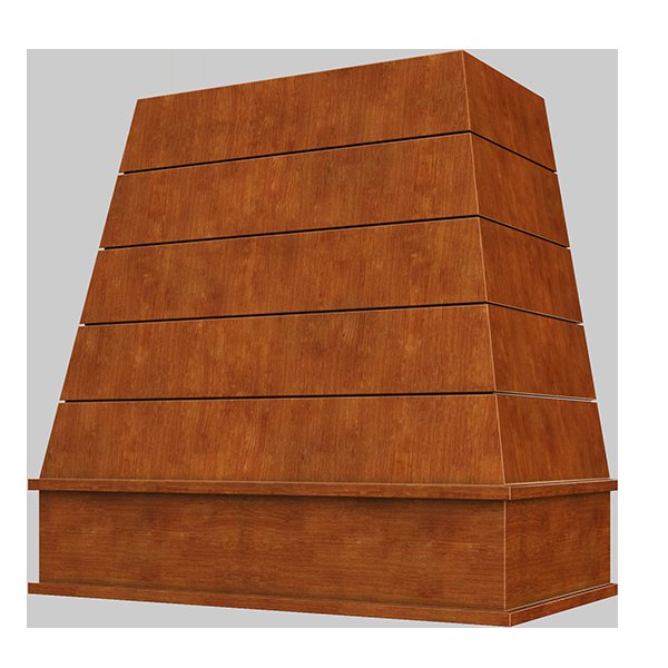 Kitchen and Cabinet Store Tapered With Shiplap wood range hood in Saddle Stain