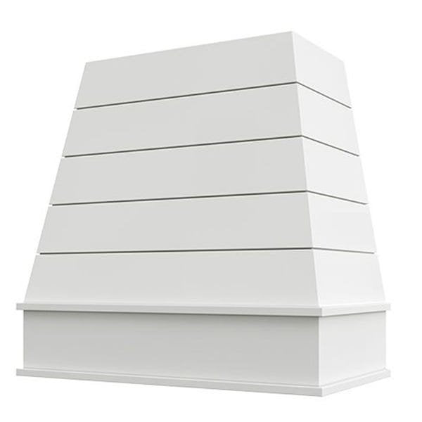 Kitchen and Cabinet Store Tapered With Shiplap wood range hood in White