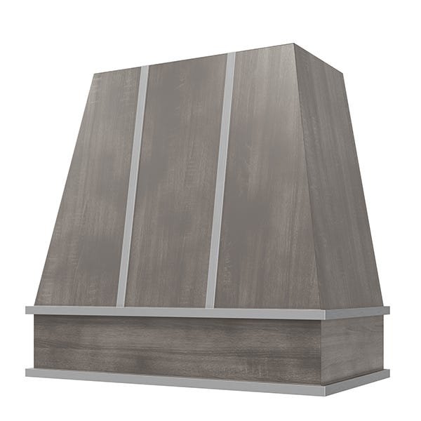 Kitchen and Cabinet Store Tapered With Steel Strapping wood range hood in Stained Gray