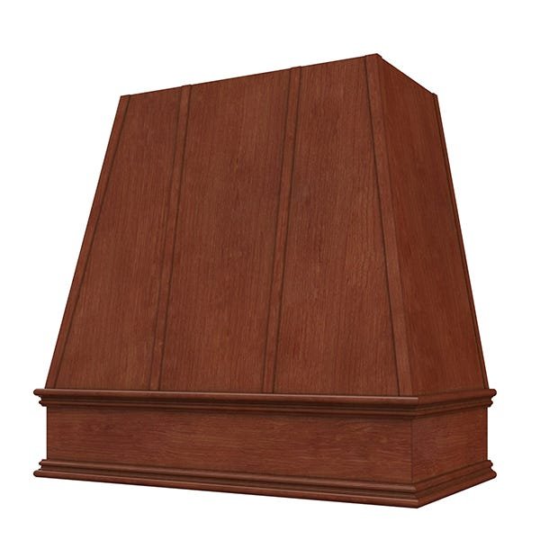 Kitchen and Cabinet Store Tapered With Strapping wood range hood in Saddle Stain