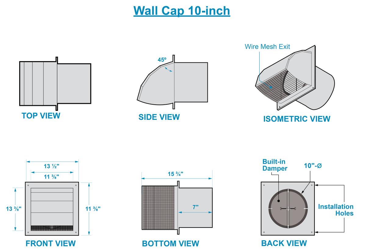 Victory metal wall vent cap for 10 inch range hood duct, view 2