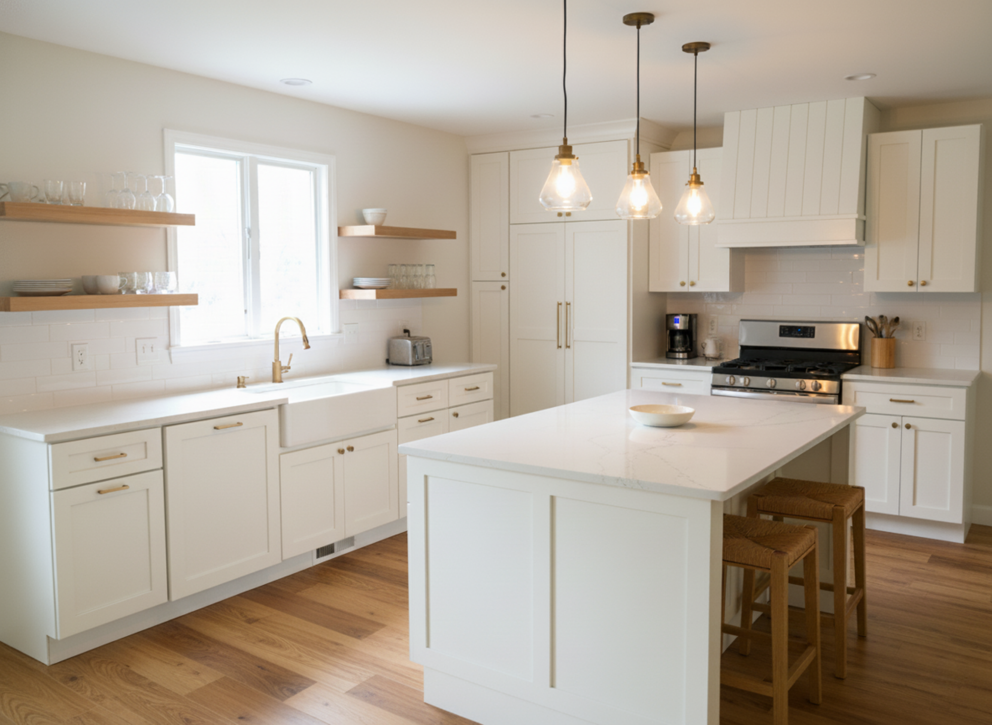 Photo realistic 3d rendering of a kitchen to show how a remodeled kitchen could look and feel . Shows a traditional shaker white cabinet kitchen with white cabinets, island, and wooden floor.