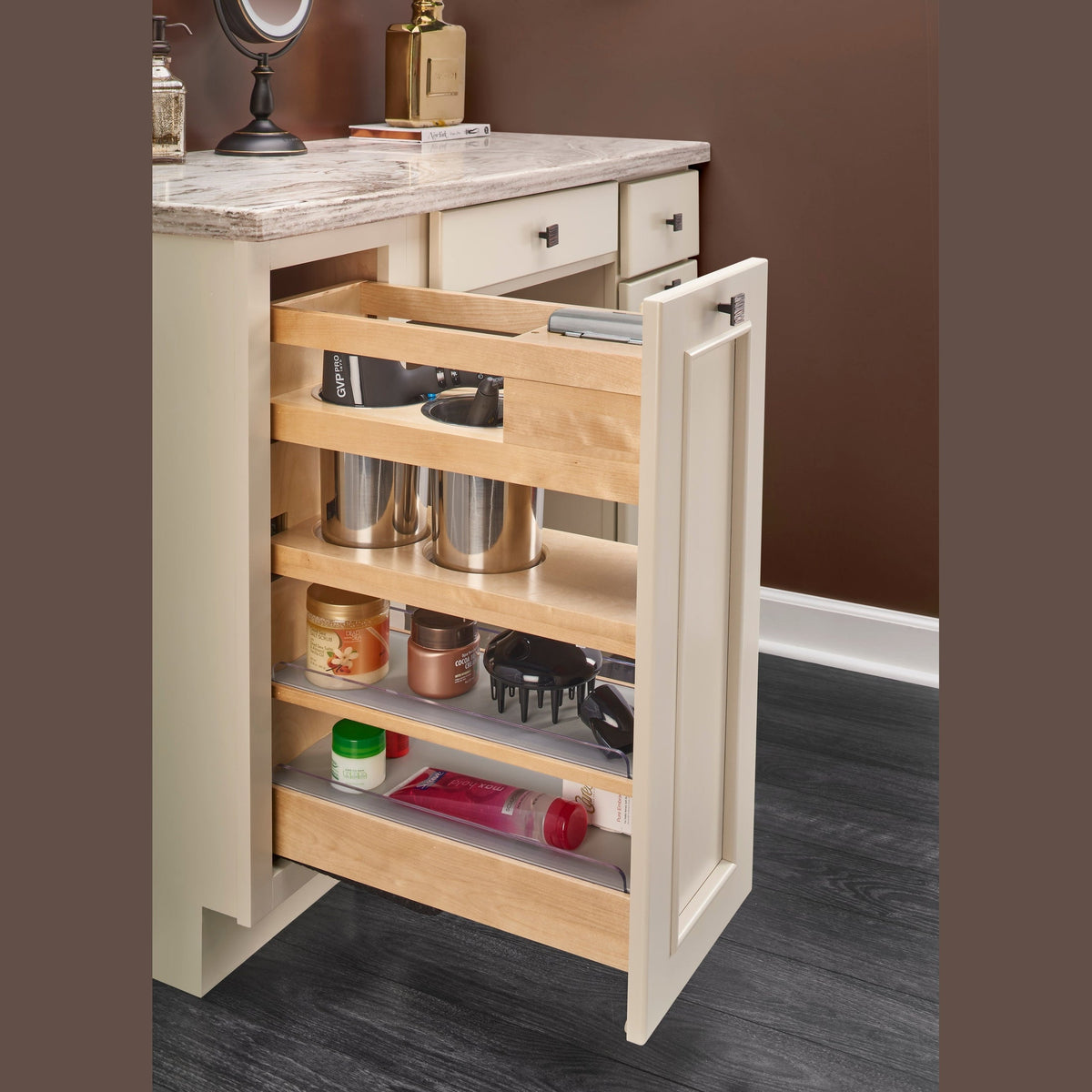 REV-A-SHELF 445-VBOSC-8C Natural Maple Outlet Grooming Organizer w/ BLUM Soft-Close for 12" Face Frame Full-Height Vanity