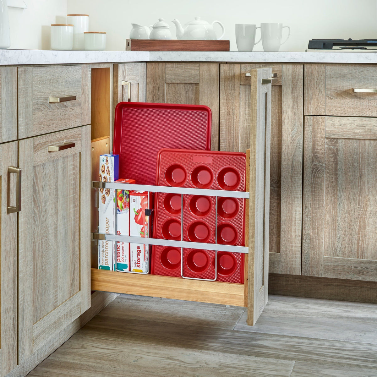 REV-A-SHELF 447 Series Pullout Wood Foil Wrap/Tray Divider Cabinet Organizer w/ BLUMOTION Soft-Close Slides