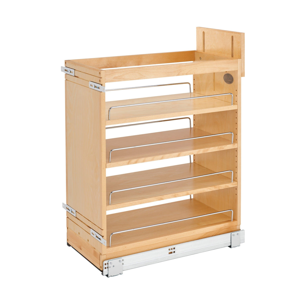 Rev-A-Shelf 448-BCSC-11C maple base pullout organizer, 11-5/8" wide, for a 15" face frame cabinet, with chrome shelf rails, door-mount bracket and undermount slide